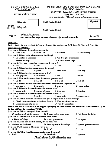 Đề thi chọn HSG môn Tiếng Anh 10 cụm Lạng Giang - Sở GD&ĐT Bắc Giang 2018-2019 (Có đáp án)