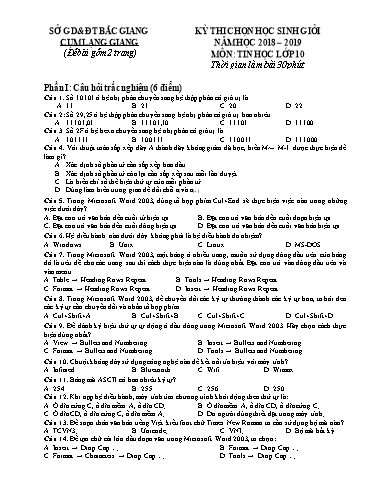 Đề thi chọn HSG môn Tin học 10 cụm Lạng Giang - Sở GD&ĐT Bắc Giang 2018-2019 (Có đáp án)