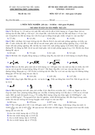 Đề thi chọn HSG môn Vật lí 10 cụm Lạng Giang - Sở GD&ĐT Bắc Giang 2018-2019 (Có đáp án)