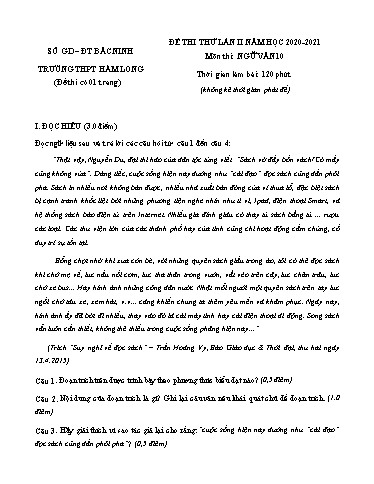Đề thi thử Lần 2 môn Ngữ văn 10 - Trường THPT Hàm Long 2020-2021 (Có đáp án)