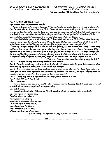 Đề thi thử Lần 2 môn Ngữ văn 10 - Trường THPT Hàm Long 2021-2022 (Có đáp án)