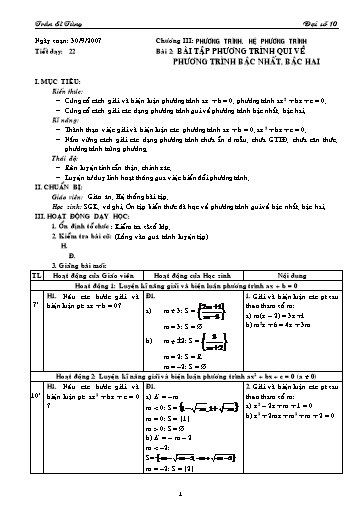 Giáo án Đại số 10 (cơ bản) - Chương III, Bài 2: Phương trình qui về phương trình bậc nhất, bậc hai (tiết 4) - Trần Sĩ Tùng