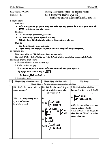 Giáo án Đại số 10 (cơ bản) - Chương III, Bài 2: Phương trình qui về phương trình bậc nhất, bậc hai (tiết 3) - Trần Sĩ Tùng
