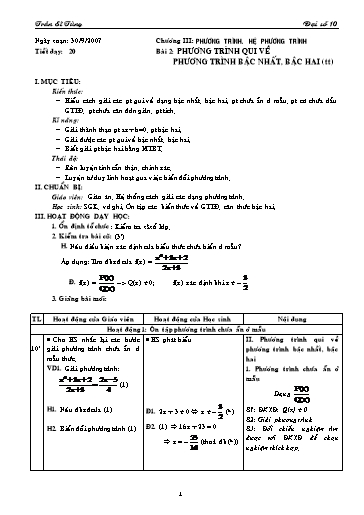 Giáo án Đại số 10 (cơ bản) - Chương III, Bài 2: Phương trình qui về phương trình bậc nhất, bậc hai (tiếp theo) - Trần Sĩ Tùng