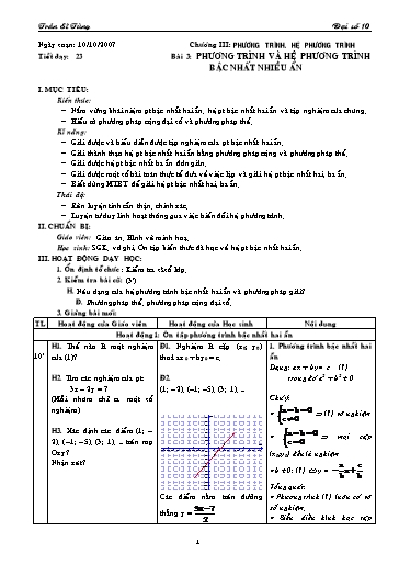 Giáo án Đại số 10 (cơ bản) - Chương III, Bài 3: Phương trình và hệ phương trình bậc nhất nhiều ẩn - Trần Sĩ Tùng