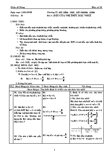 Giáo án Đại số 10 (cơ bản) - Chương IV, Bài 3: Dấu của nhị thức bậc nhất - Trần Sĩ Tùng