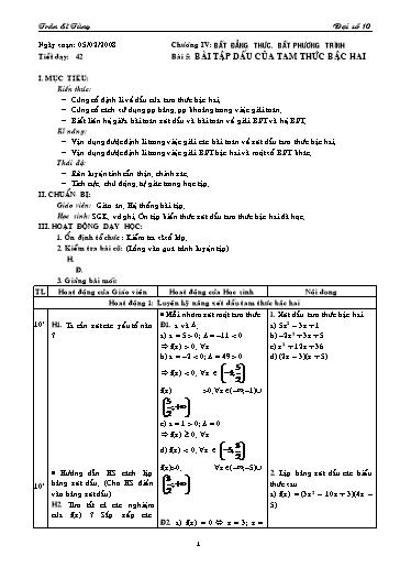 Giáo án Đại số 10 (cơ bản) - Chương IV, Bài 5: Bài tập Dấu của tam thức bậc hai - Trần Sĩ Tùng