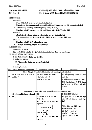 Giáo án Đại số 10 (cơ bản) - Chương IV, Bài 5: Dấu của tam thức bậc hai (tiết 2) - Trần Sĩ Tùng