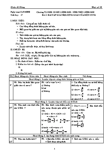 Giáo án Đại số 10 (cơ bản) - Chương VI, Bài 2: Bài tập Giá trị lượng giác của một cung - Trần Sĩ Tùng