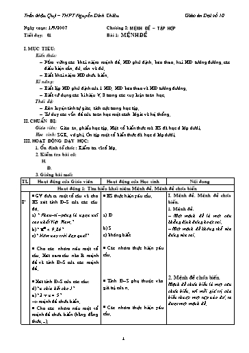 Giáo án Đại số 10 (cơ bản) - Tiết 1, Bài 1: Mệnh đề - Trường THPT Nguyễn Đình Chiểu