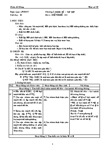 Giáo án Đại số 10 (cơ bản) - Tiết 2, Bài 1: Mệnh đề (tiếp theo) - Trần Sĩ Tùng