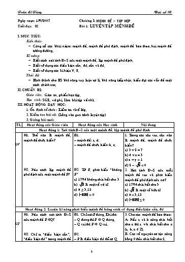 Giáo án Đại số 10 (cơ bản) - Tiết: Luyện tập mệnh đề - Trần Sĩ Tùng
