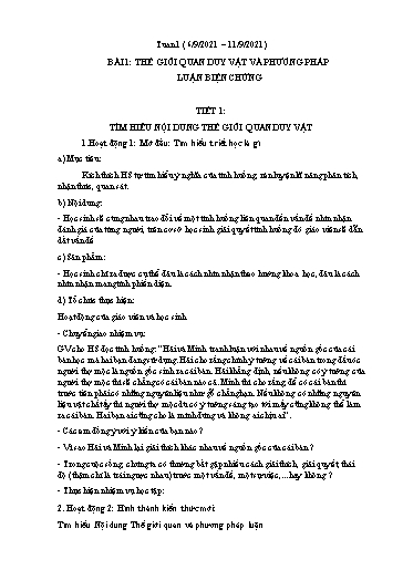 Giáo án GDCD 10 - Bài 1: Thế giới quan duy vật và phương pháp luận biện chứng. Tiết 1: Tìm hiểu nội dung thế giới quan duy vật - Năm học 2021-2022