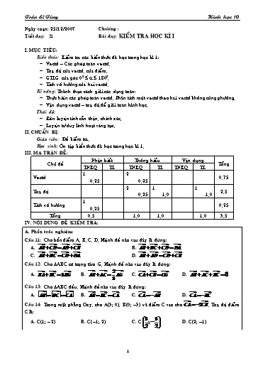Giáo án Hình học 10 (cơ bản) - Bài dạy: Kiểm tra học kì I - Trần Sĩ Tùng