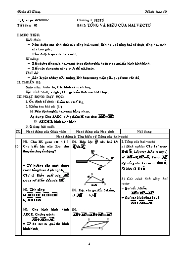 Giáo án Hình học 10 (cơ bản) - Chương I, Bài 2: Tổng và hiệu của hai vectơ - Trần Sĩ Tùng