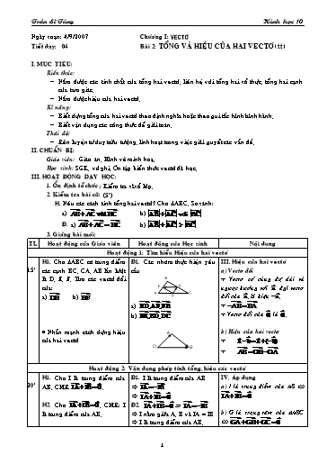 Giáo án Hình học 10 (cơ bản) - Chương I, Bài 2: Tổng và hiệu của hai vectơ (tiếp theo) - Trần Sĩ Tùng