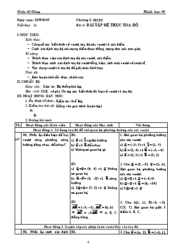 Giáo án Hình học 10 (cơ bản) - Chương I, Bài 4: Bài tập Hệ trục toạ độ - Trần Sĩ Tùng