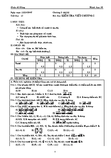 Giáo án Hình học 10 (cơ bản) - Chương I, Bài dạy: Kiểm tra viết chương I - Trần Sĩ Tùng