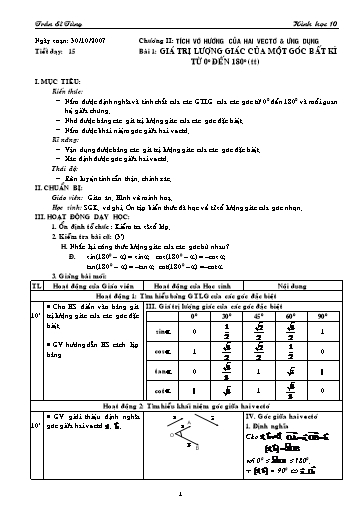 Giáo án Hình học 10 (cơ bản) - Chương II, Bài 1: Giá trị lượng giác của một góc bất kì từ 0 độ đến 180 độ (tiết 2) - Trần Sĩ Tùng