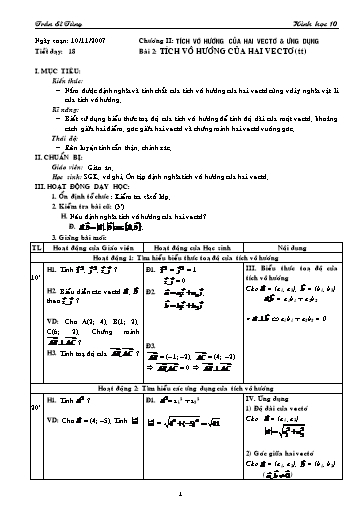Giáo án Hình học 10 (cơ bản) - Chương II, Bài 2: Tích vô hướng của hai vectơ (tiết 2) - Trần Sĩ Tùng