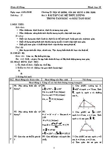 Giáo án Hình học 10 (cơ bản) - Chương II, Bài 3: Bài tập Các hệ thức lượng trong tam giác và giải tam giác - Trần Sĩ Tùng