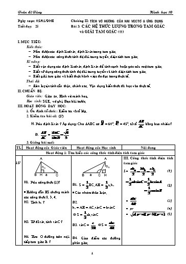 Giáo án Hình học 10 (cơ bản) - Chương II, Bài 3: Các hệ thức lượng trong tam giác và giải tam giác (tiết 3) - Trần Sĩ Tùng