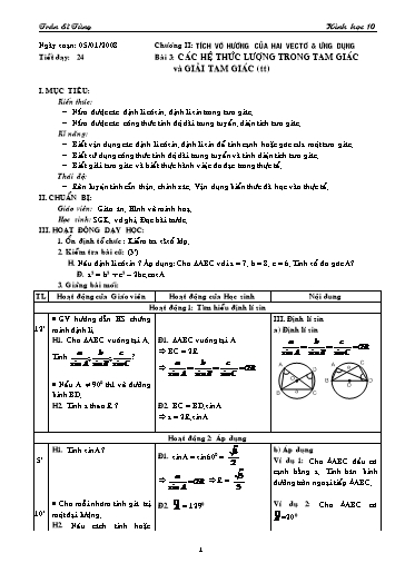 Giáo án Hình học 10 (cơ bản) - Chương II, Bài 3: Các hệ thức lượng trong tam giác và giải tam giác (tiết 2) - Trần Sĩ Tùng