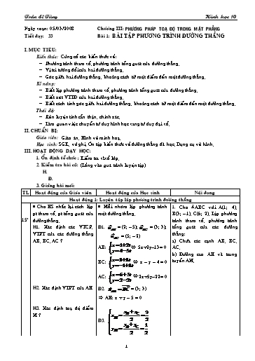 Giáo án Hình học 10 (cơ bản) - Chương III, Bài 1: Bài tập Phương trình đường thẳng - Trần Sĩ Tùng