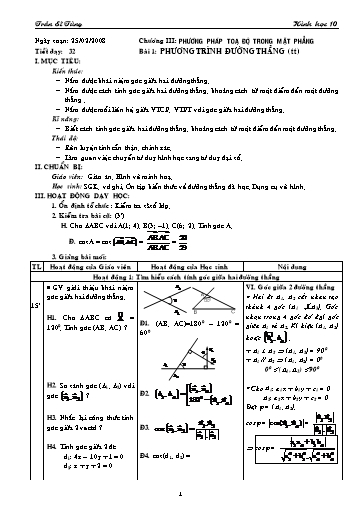 Giáo án Hình học 10 (cơ bản) - Chương III, Bài 1: Phương trình đường thẳng (tiết 4) - Trần Sĩ Tùng