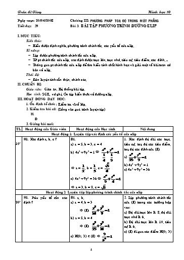 Giáo án Hình học 10 (cơ bản) - Chương III, Bài 3: Bài tập Phương trình đường elip - Trần Sĩ Tùng