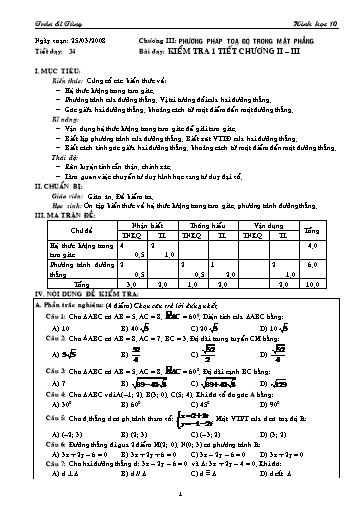 Giáo án Hình học 10 (cơ bản) - Chương III, Bài dạy: Kiểm tra 1 tiết chương II, III - Trần Sĩ Tùng