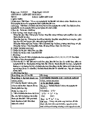 Giáo án Hóa học 10 - Tiết 22, Bài 12: Liên kết Ion