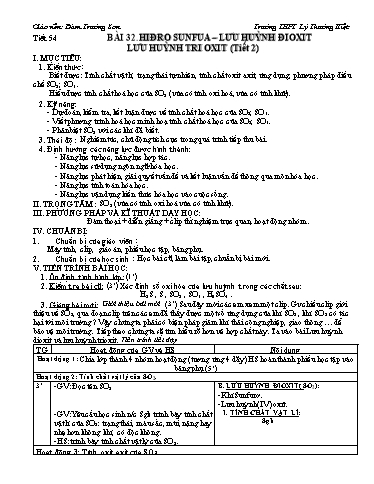 Giáo án Hóa học 10 - Tiết 54, Bài 32: Hiđro sunfua, lưu huỳnh đioxit, lưu huỳnh tri oxit (tiết 2) - Đàm Trường Sơn