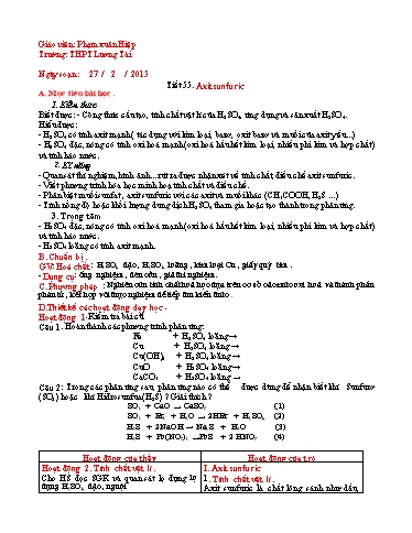 Giáo án Hóa học 10 - Tiết 55: Axit sunfuric - Phạm Xuân Hiệp