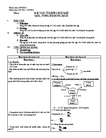 Giáo án Hóa học 10 (tự chọn) - Tiết 1, Bài tập: Tỉ khối chất khí mol, nồng độ dung dịch - Năm học 2021-2022