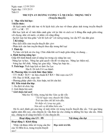 Giáo án Ngữ văn 10 - Tiết 13: Truyện An Dương Vương và Mị Châu- Trọng Thủy