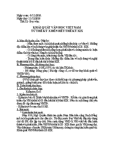 Giáo án Ngữ văn 10 - Tiết 32, Đọc văn: Khái quát văn học Việt Nam từ thế kỷ X đến hết thế kỷ XIX