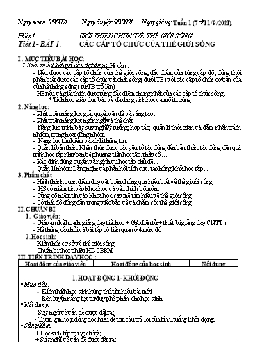 Giáo án Sinh học 10 - Tiết 1, Bài 1: Các cấp tổ chức của thế giới sống - Năm học 2021-2022
