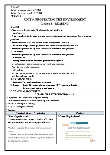 Giáo án Tiếng Anh 10 (Global Success) - Unit 9: Protecting the environment (Reading) - Năm học 2023-2024