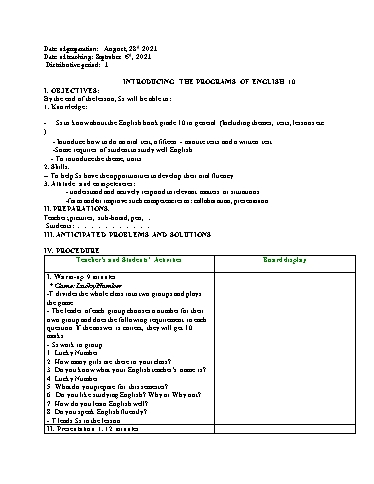 Giáo án Tiếng Anh 10 - Period 1: Introducing the programs of English 10 - Năm học 2021-2022