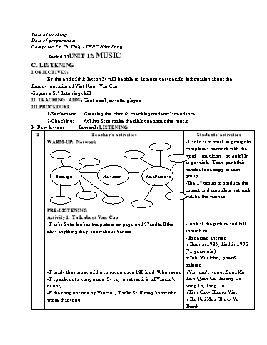 Giáo án Tiếng Anh 10 - Unit 12: Music (Listening) - Lê Thị Thủy