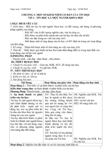 Giáo án Tin học 10 - Tiết 1: Tin học là một ngành khoa học. Tiết 2: Thông tin và dữ liệu (T1)