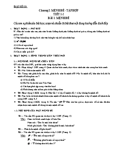 Giáo án Toán 10 - Đại số, Bài 1: Mệnh đề. Hình học, Bài 1: Các định nghĩa - Năm học 2021-2022