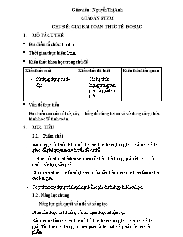 Giáo án Toán 10 (Kết nối tri thức) - Chủ đề STEM: Giải bài toán thực tế đo đạc - Nguyễn Thị Anh