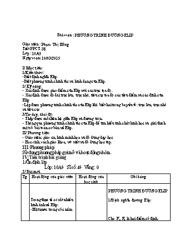 Giáo án Toán 10 - Tiết 38: Phương trình elip