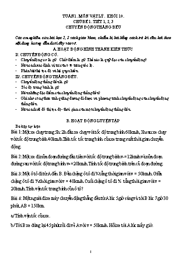 Giáo án Vật lí 10 - Chủ đề 1, Tiết 1+2+3: Chuyển động thẳng đều - Năm học 2021-2022