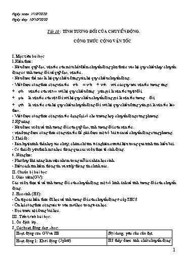 Giáo án Vật lí 10 - Tiết 10: Tính tương đối của chuyển động. Công thức cộng vận tốc - Năm học 2020-2021