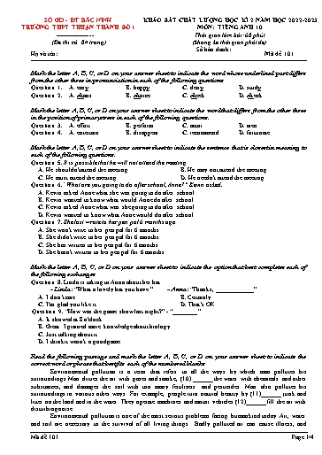 Khảo sát chất lượng học kì 2 môn Tiếng Anh 10 - Trường THPT Thuận Thành số 1 2022-2023 (Có đáp án)